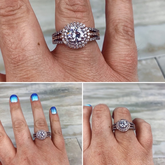 Two Tone Rose Gold Silver Double Halo Round Split Shank Pavé Engagement Ring 7 - Picture 13 of 17